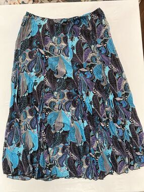 Rafael XL Midi Skirt Blue Purple Black Floral Paisley Pleated Crinkle Elastic
